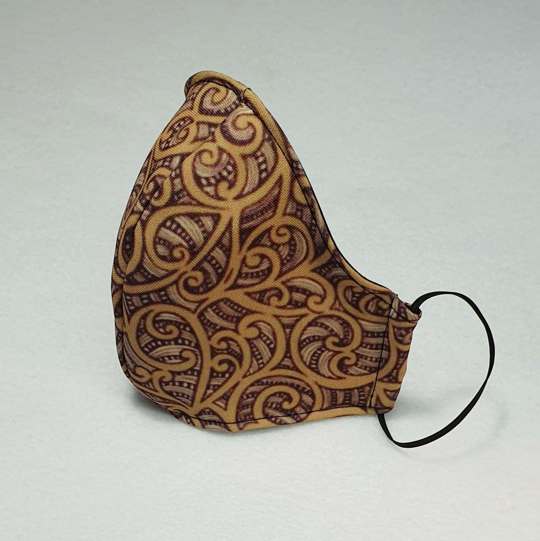 Triple layer fabric face mask -  Brown Maori Print